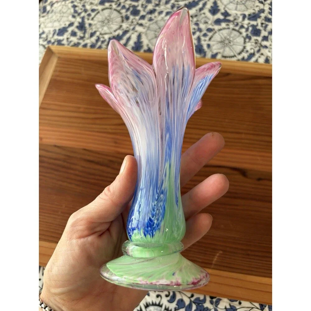 Unmarked Art Hand-blown Glass Bud Vase Swirl Pink Blue Green Glossy no chips